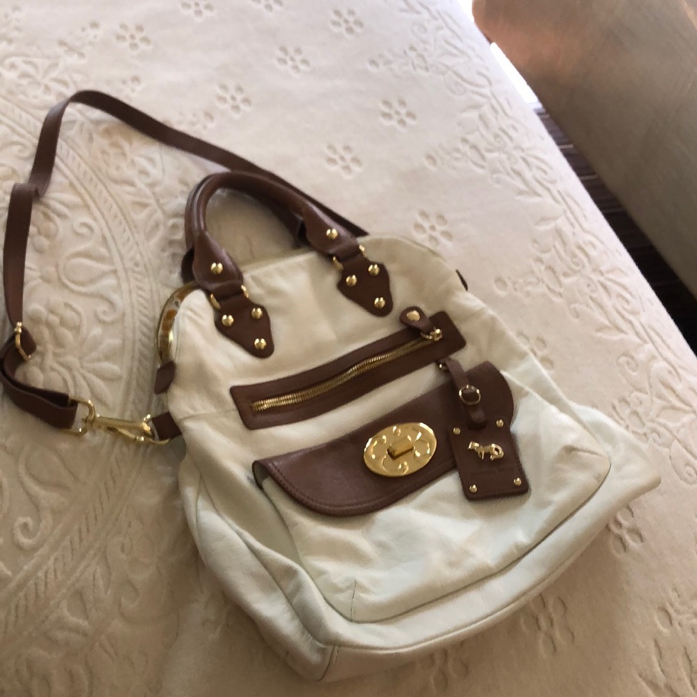 White Leather Emma Fox purse crossbody bag large brown trim excellent condition
